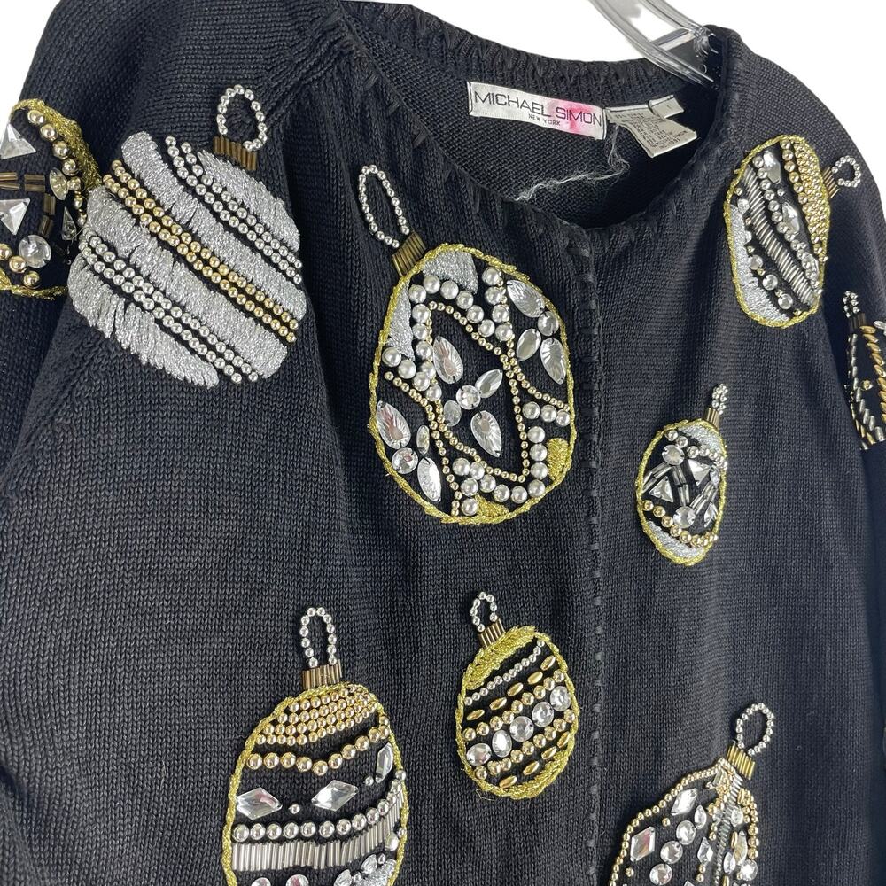 Michael Simon 1991 Christmas Ornaments Cardigan Black Ugly Sweater Size M - Picture 7 of 11